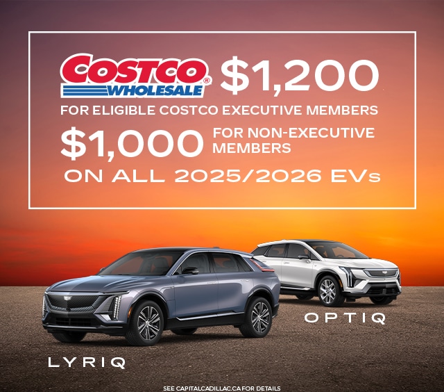 Costco EV discount offer for members, featuring Lyriq and Optiq vehicles against a sunset background.