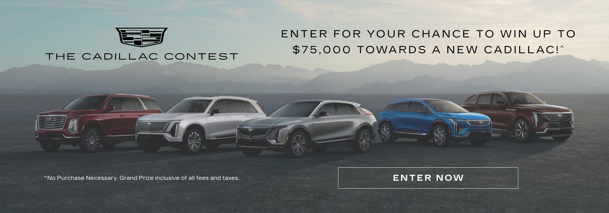 Cadillac contest banner showcasing new models with a $75,000 prize. Background features mountains.