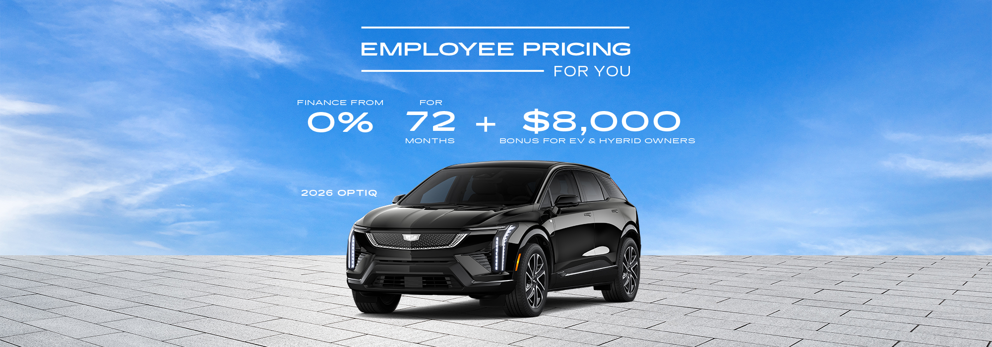 Black SUV under blue sky offers 0% financing for 72 months plus $8,000 bonus for EV & hybrid owners.