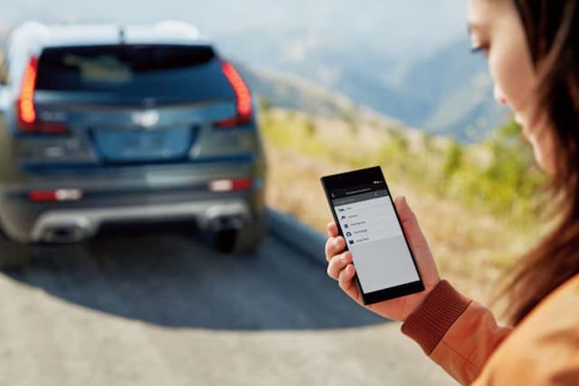 Person using a smartphone app near a parked SUV on a scenic roadside.