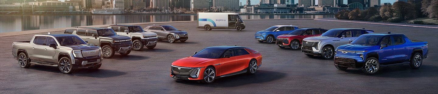 Several electric vehicles, including trucks and cars, lined up on a city waterfront.