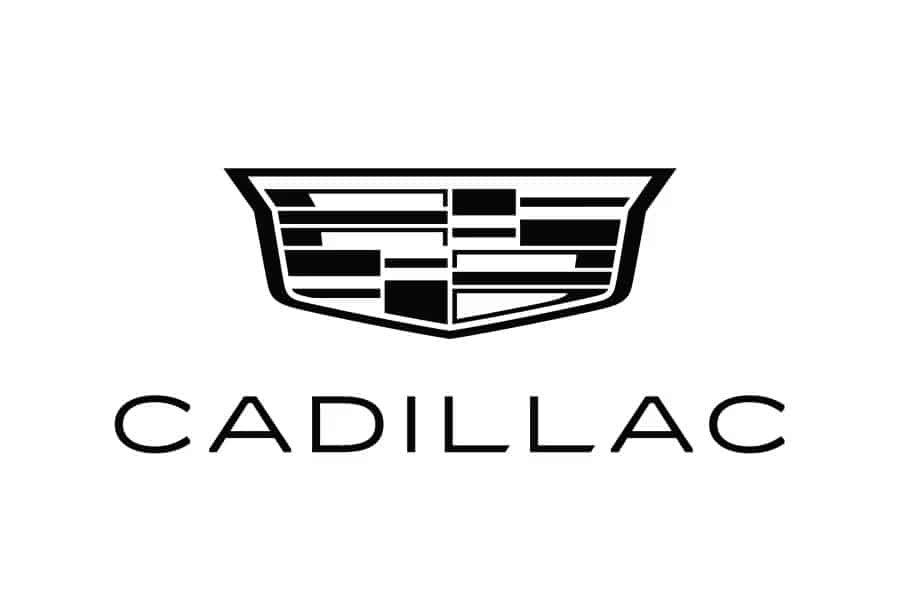 Cadillac logo with a stylized crest above the brand name text in black.