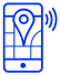 Blue icon of a smartphone with a map and location pin, indicating GPS navigation.