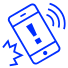 Blue outline of a smartphone with exclamation mark, indicating alert or notification.