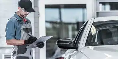 Mechanic in uniform checking car with clipboard in an auto repair shop.
