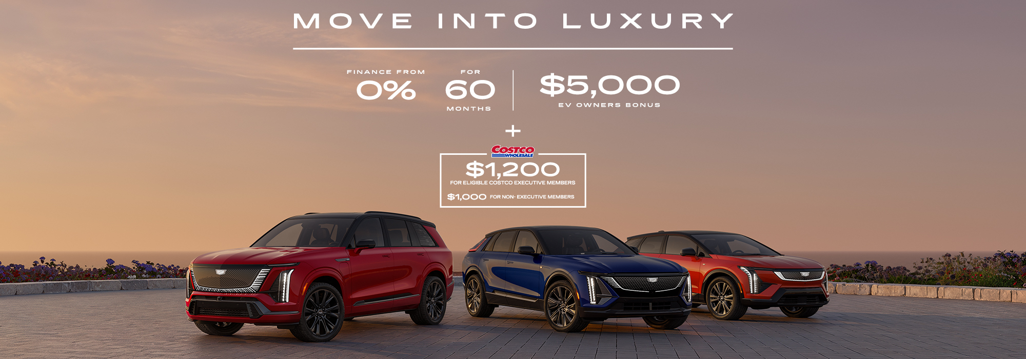 Cadillac SUVs displayed at sunset with financing offers and Costco member discounts.