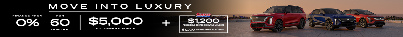 Promotional banner for luxury SUVs with 0% financing for 60 months, $5,000 EV bonus, plus Costco savings.