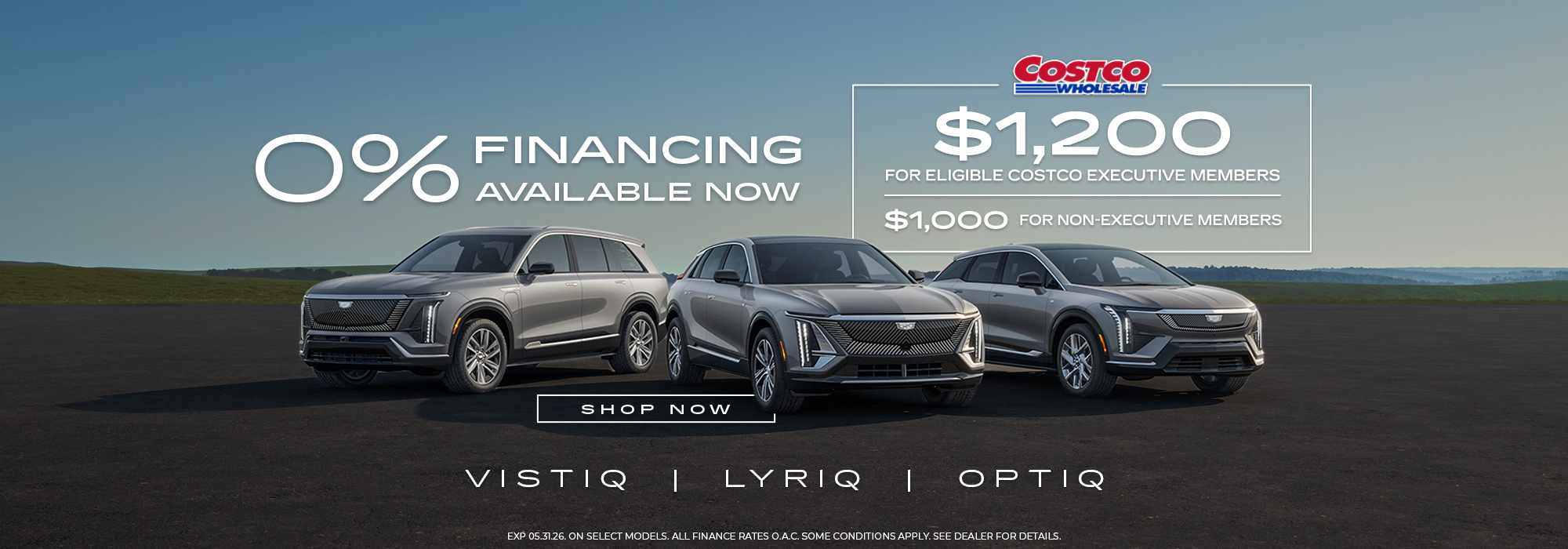 0% financing on Cadillac models with exclusive Costco member offers. Features Vistiq, Lyriq, Optiq SUVs.