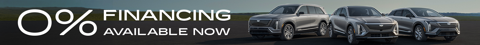 0% financing offer on three luxury SUVs in outdoor setting. Available now.
