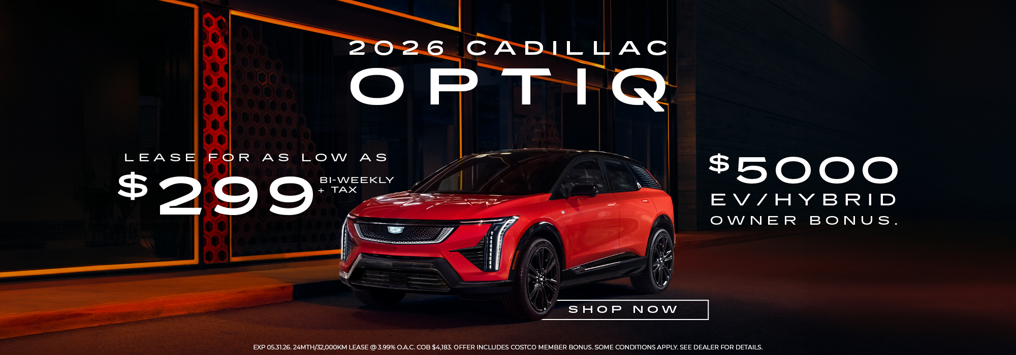 2026 Cadillac Optiq promo with $299 lease offer and $5000 EV/hybrid bonus, featuring a red SUV.