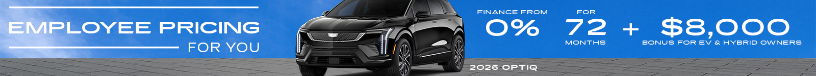 Black 2026 Optiq SUV with 0% financing for 72 months and $8,000 bonus for EV and hybrid owners. Employee pricing offer.